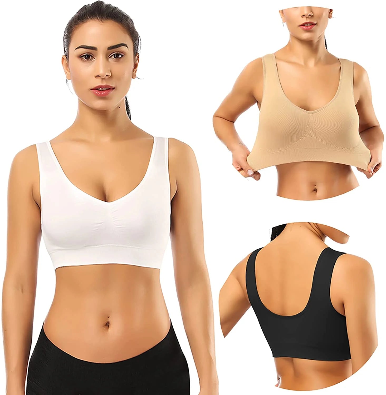 Seamless Sports Bras Set for Women with Removable Pads, Pack of 3, XXL, Black/White/Nude