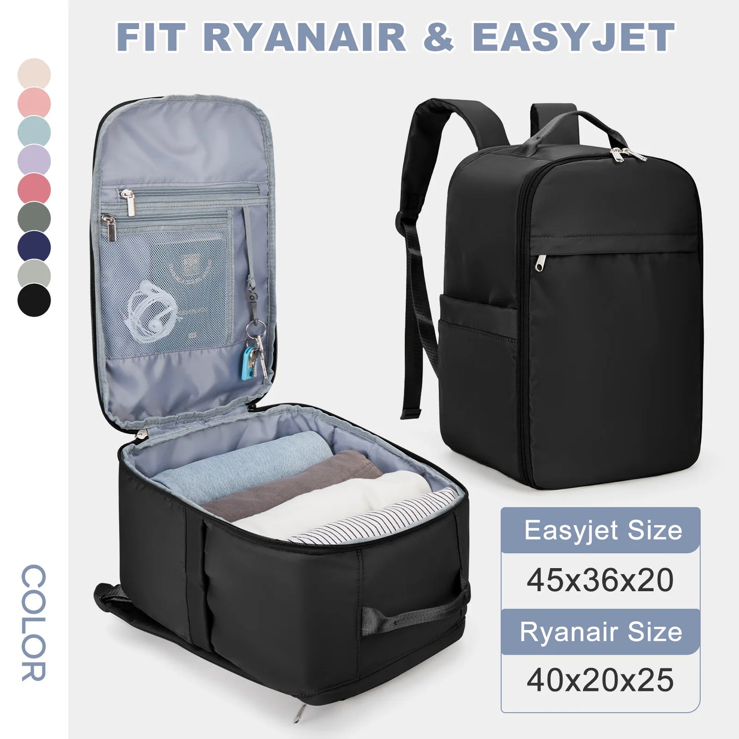 Compact Travel Backpack - 40x20x25 cm for Ryanair, 45x36x20 cm for EasyJet - Cabin Approved Hand Luggage, Laptop Backpack