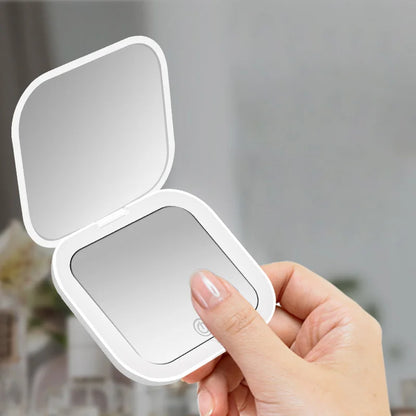 Compact Mini Vanity Table Mirror with Folding LED Lights - 2X Magnifying Portable Pocket Makeup Mirror