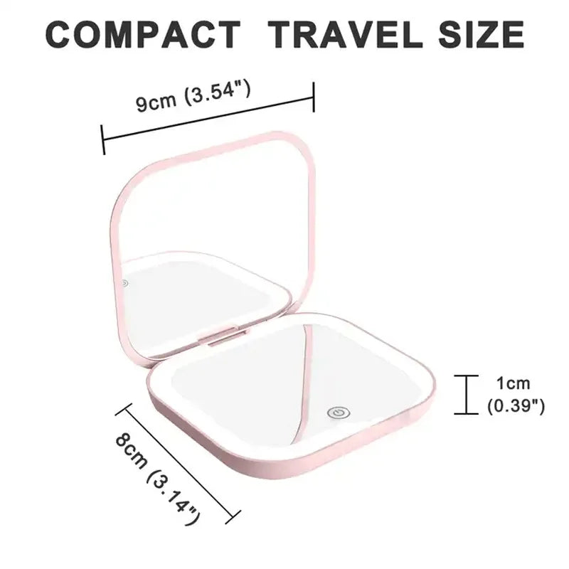 Compact Mini Vanity Table Mirror with Folding LED Lights - 2X Magnifying Portable Pocket Makeup Mirror