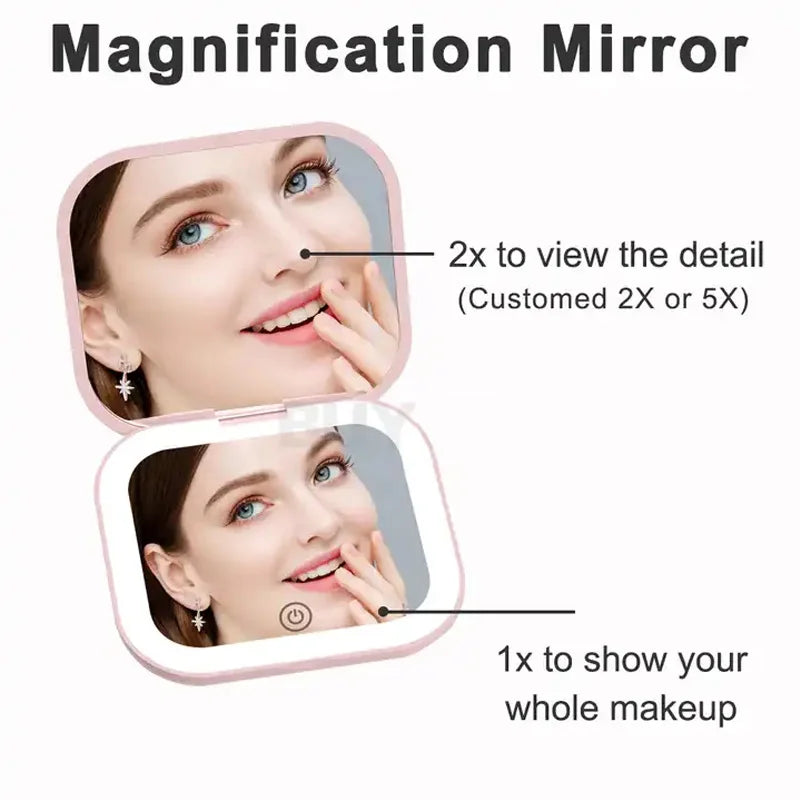 Compact Mini Vanity Table Mirror with Folding LED Lights - 2X Magnifying Portable Pocket Makeup Mirror