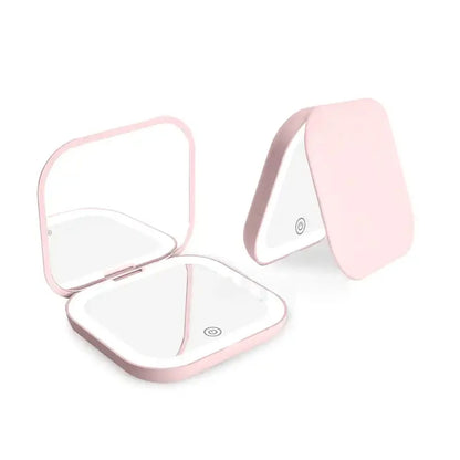 Compact Mini Vanity Table Mirror with Folding LED Lights - 2X Magnifying Portable Pocket Makeup Mirror