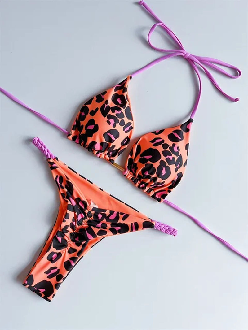 Sexy Micro Bikini 2023 Women Orange Leopard Push up Padded Thong Swimsuit Female Cut Out Bathing Suit Swimwear Trajes De Baño