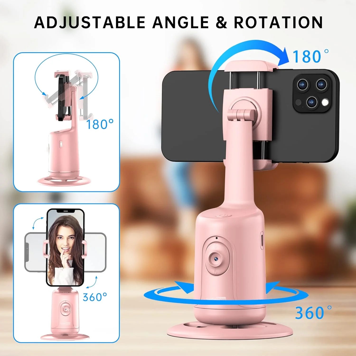 Auto Face Tracking Tripod, 360 Rotation Face Body Phone Camera Mount Smart Shooting Phone Tracking Holder for Live Vlog Streaming Video, Pink